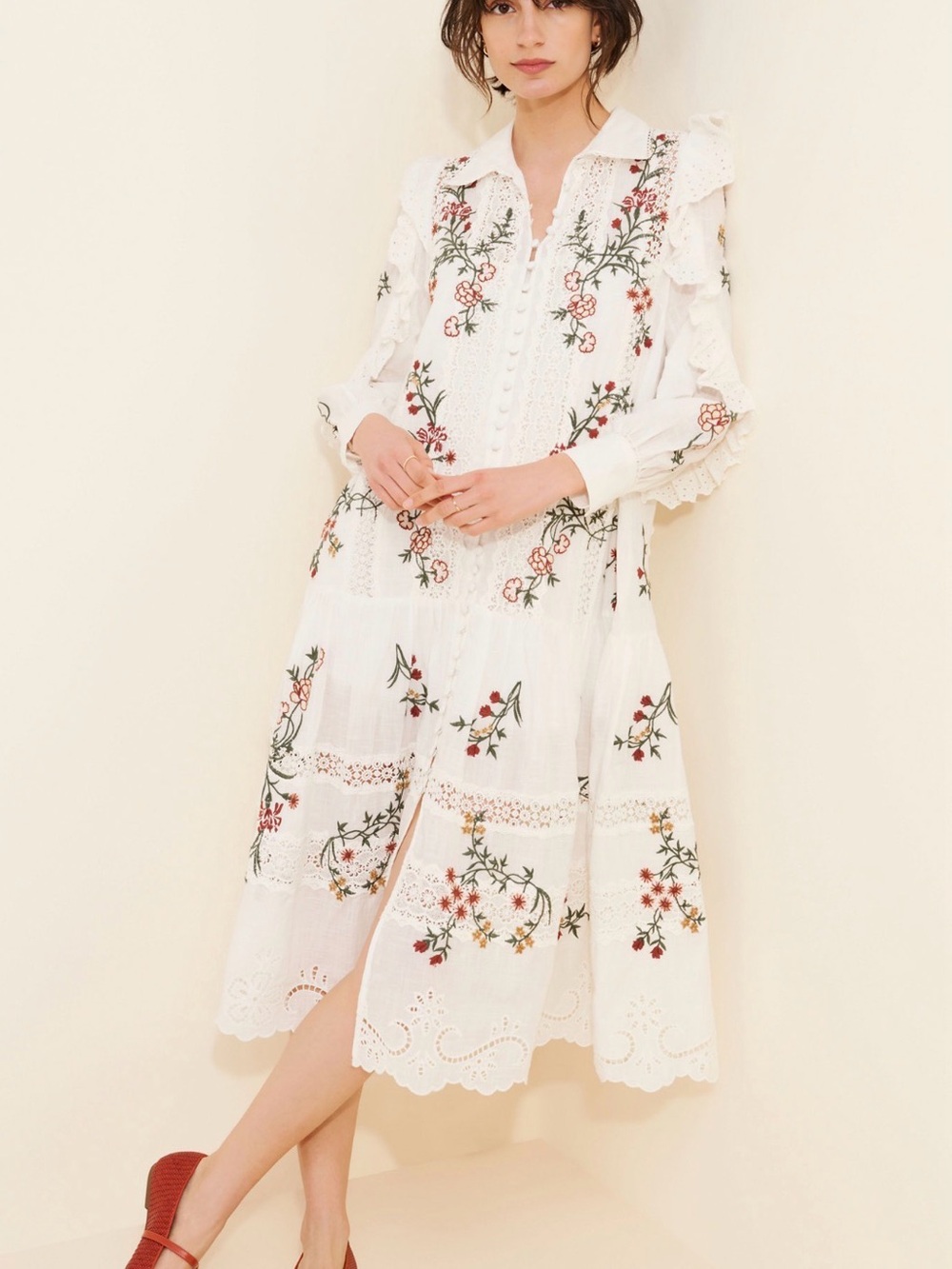 Anthropologie White Midi Dress Floral Embroidery- Long-Sleeve V-neck Eyelet Midi